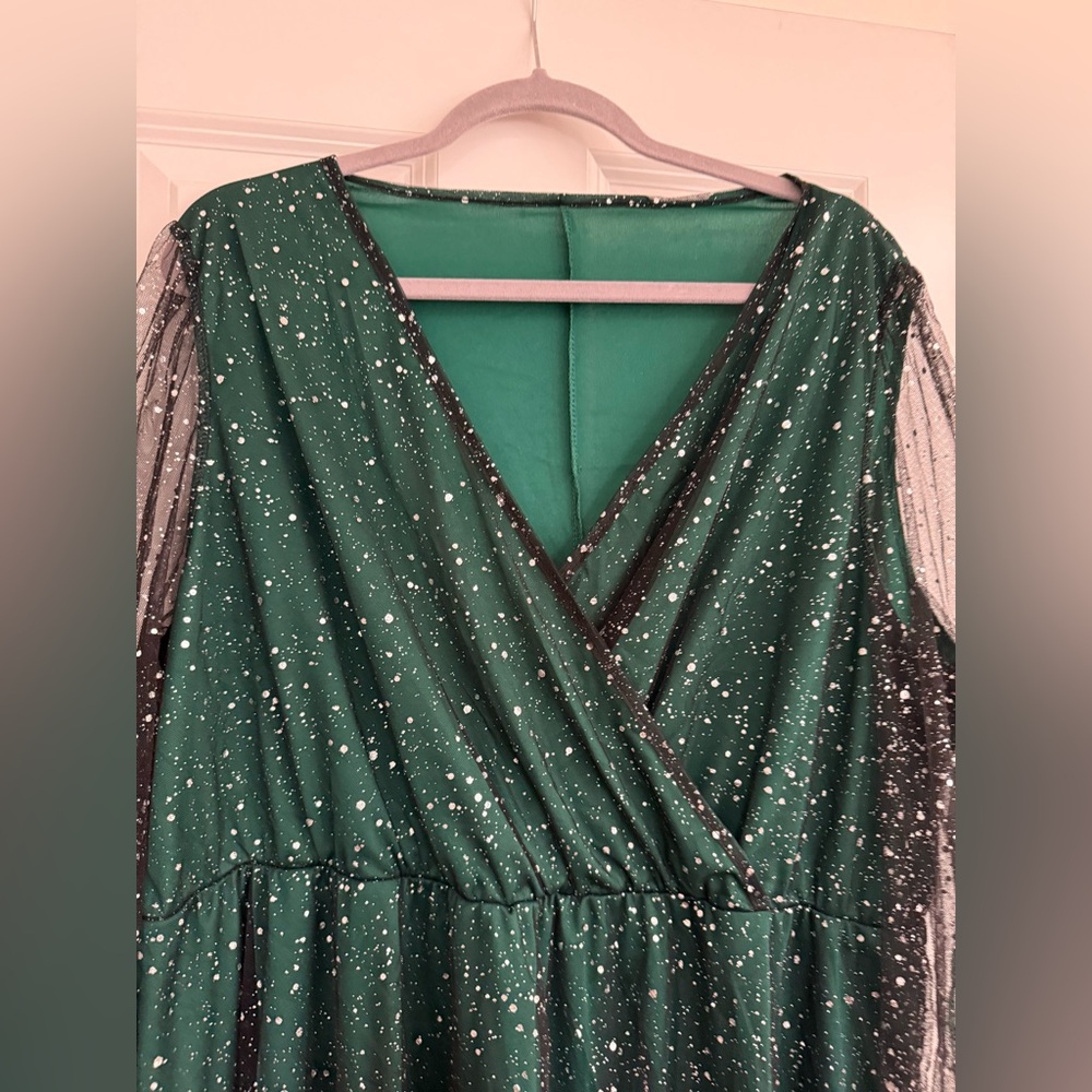 Green Ruched Wrap Dress with Bishop Sleeves - Picture 2 of 4